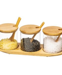 4home Sada sklenených dóz s podnosom a lyžičkami Bamboo, 310 ml